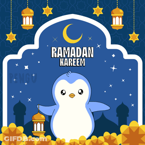 A Blue And White Penguin Holding A Lantern With The Words Ramadan Kareem On It GIF