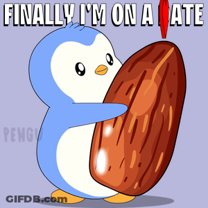 A Blue And White Penguin Holding A Large Almond With The Words Finally I 'M On A Date Below It GIF