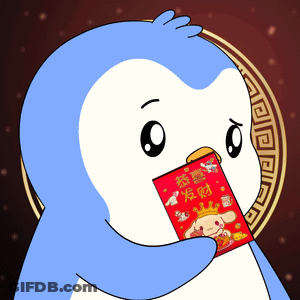 A Blue And White Penguin Holding A Red Envelope With Chinese Writing On It GIF