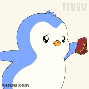A Blue And White Penguin Holding A Red Purse With The Word Pengu On The Bottom Right GIF