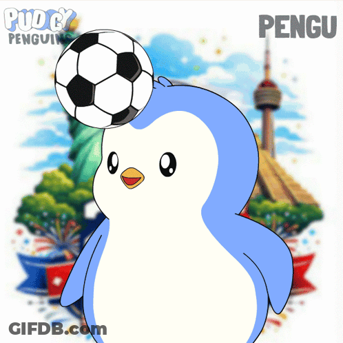A Blue And White Penguin Holding A Soccer Ball In Front Of A Statue Of Liberty And The Word Pengu GIF