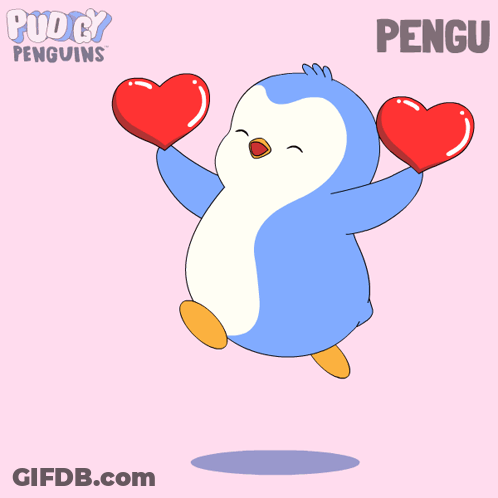 Blue And White Penguin Holding Red Hearts GIF