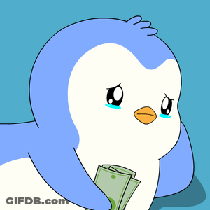 A Blue And White Penguin Holds A Stack Of Money In Its Mouth GIF