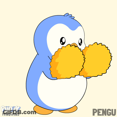 A Blue And White Penguin Is Cheering With Pom Poms And The Word Pengu Is On The Bottom GIF