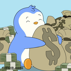 A Blue And White Penguin Is Holding A Bag Of Money With A Dollar Sign On It GIF