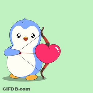 A Blue And White Penguin Is Holding A Bow And Arrow And Aiming At A Heart GIF