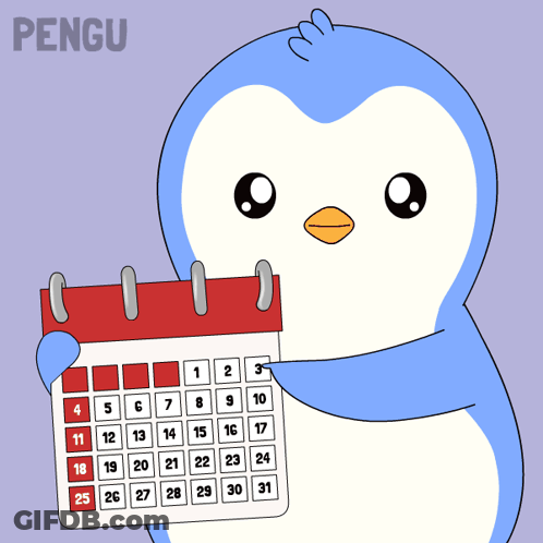 A Blue And White Penguin Is Holding A Calendar With The Word Pengu On The Bottom GIF