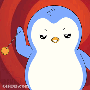 A Blue And White Penguin Is Holding A Coin In Its Hand GIF