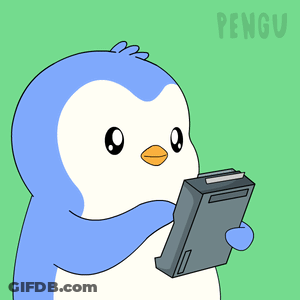 A Blue And White Penguin Is Holding A Receipt And The Word Pengu Is On The Bottom GIF