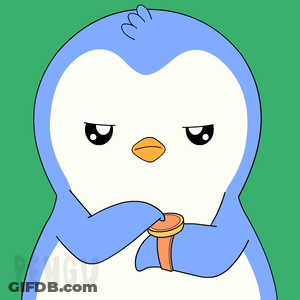 A Blue And White Penguin Is Holding A Watch With The Word Pengu On The Bottom Right GIF