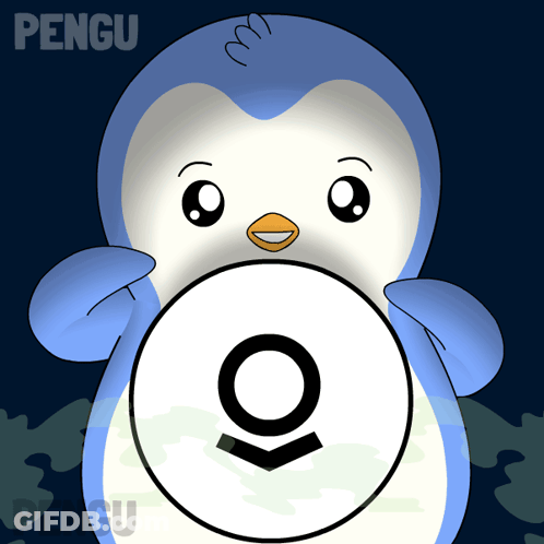 A Blue And White Penguin Is Holding A White Circle With The Letter O On It GIF