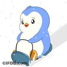 A Blue And White Penguin Is Riding A Sled With A Bitcoin Symbol On It GIF