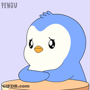 A Blue And White Penguin Is Sitting At A Table With The Word Pengu Written On The Bottom GIF