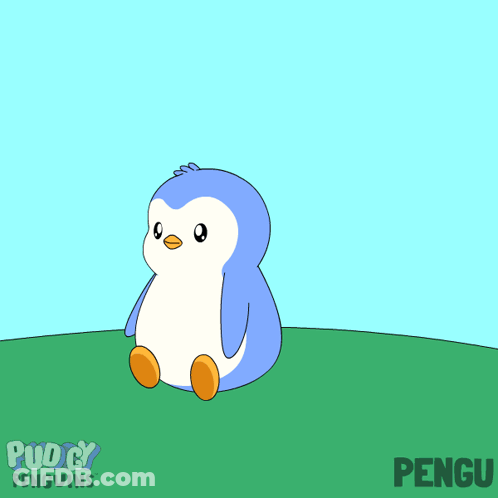 A Blue And White Penguin Is Sitting On A Grassy Hill With The Words Pudgy Penguins Below It GIF