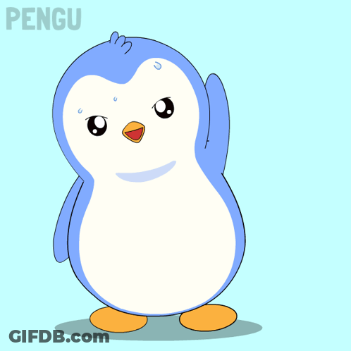 A Blue And White Penguin Is Standing In Front Of A Blue Background That Says Pengu GIF