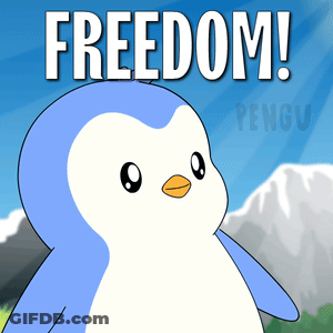 A Blue And White Penguin Is Standing In Front Of A Mountain With The Words Freedom Written Above It GIF