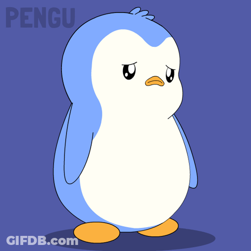 A Blue And White Penguin Is Standing In Front Of A Purple Background That Says Pengu GIF