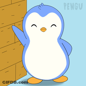 A Blue And White Penguin Is Standing In Front Of A Wall And The Word Pengu Is On The Bottom Right GIF