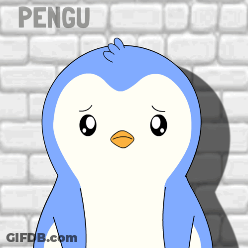 A Blue And White Penguin Is Standing In Front Of A White Brick Wall With The Word Pengu Written On It GIF