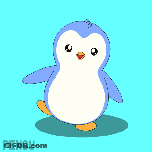 A Blue And White Penguin Is Standing On A Blue Background With The Word Pengu Below It GIF