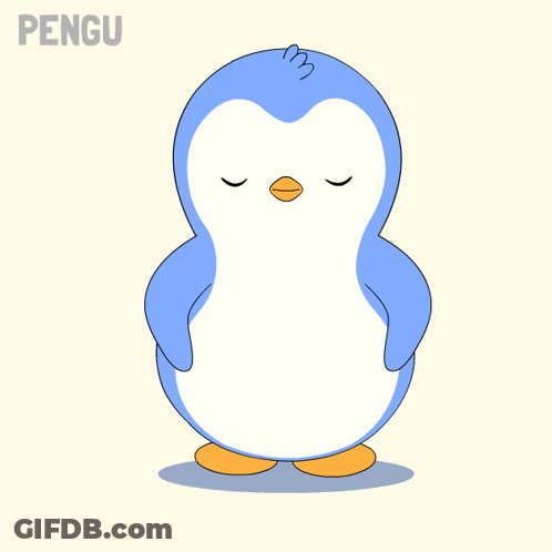 A Blue And White Penguin Is Standing With Its Eyes Closed And The Word Pengu Below It GIF