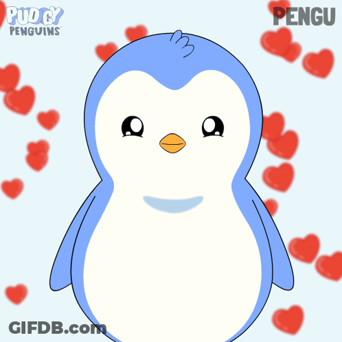 A Blue And White Penguin Is Surrounded By Red Hearts And The Name Pengu Is On The Bottom GIF