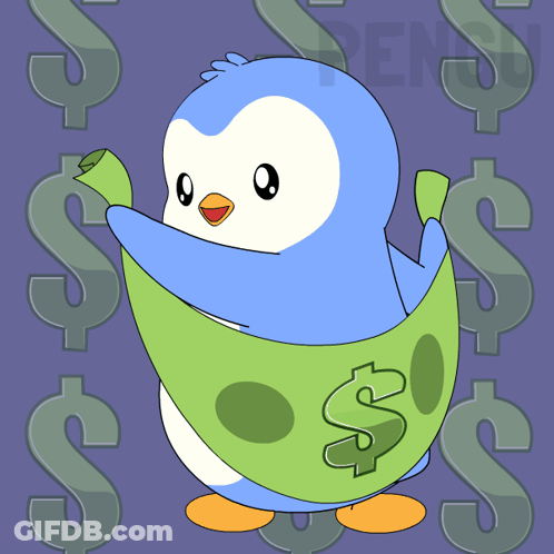 A Blue And White Penguin Is Wrapped In A Dollar Bill GIF