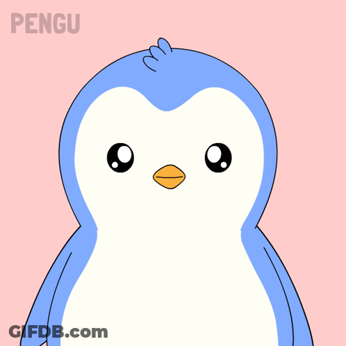A Blue And White Penguin On A Pink Background With Pengu Written On The Bottom GIF