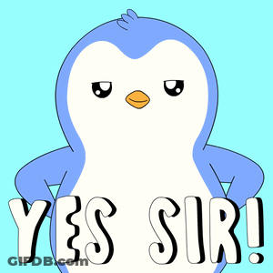 A Blue And White Penguin Says Yes Sir In White Letters GIF
