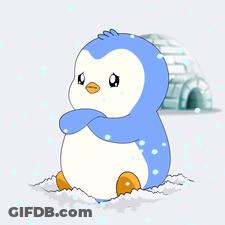 A Blue And White Penguin Sitting In The Snow In Front Of An Igloo GIF