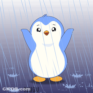 A Blue And White Penguin Standing In The Rain With The Word Penguin Below It GIF
