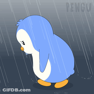 A Blue And White Penguin Standing In The Rain With The Word Pengw In The Corner GIF