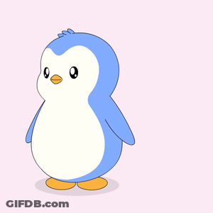 A Blue And White Penguin Standing Next To A Pile Of Coins GIF