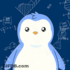 A Blue And White Penguin Stands In Front Of A Blue Background With Numbers And Letters GIF