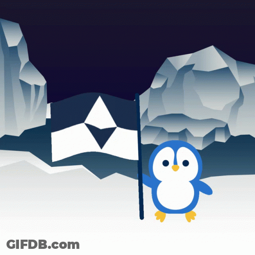 A Blue And White Penguin Stands Next To A Flag With A Triangle On It GIF
