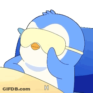 A Blue And White Penguin Wearing A Sleep Mask With The Letter H On The Bottom GIF