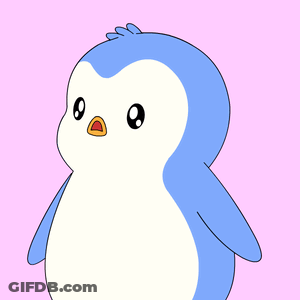 A Blue And White Penguin With A Yellow Beak Is Standing On A Pink Background GIF