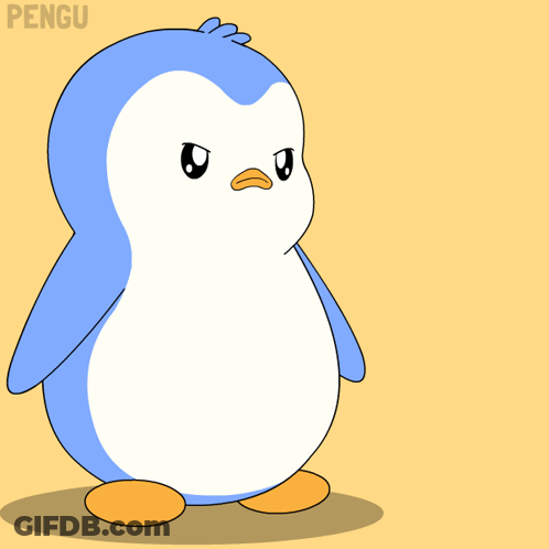 A Blue And White Penguin With Banger Written In White On A Yellow Background GIF