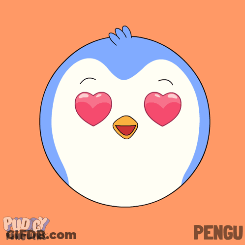 A Blue And White Penguin With Heart Shaped Eyes And The Name Pengu On The Bottom GIF