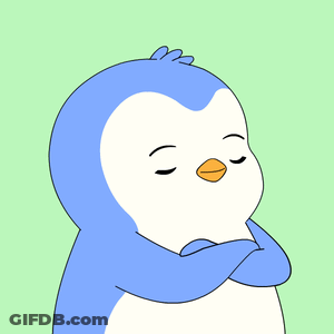 A Blue And White Penguin With Its Arms Crossed And A Sad Look On Its Face GIF
