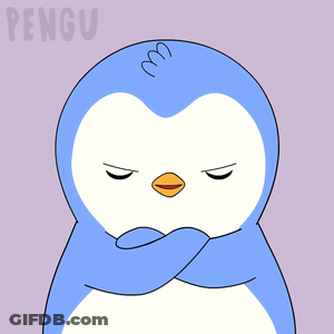 A Blue And White Penguin With Its Arms Crossed And The Word Pengu On The Bottom GIF