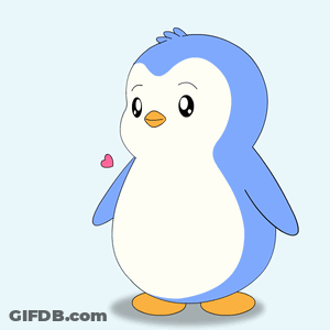 A Blue And White Penguin With Pink Hearts Around Him GIF