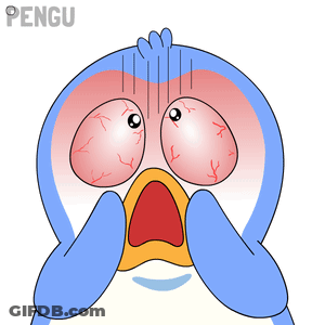 A Blue And White Penguin With Red Eyes And The Word Pengu Written Above It GIF