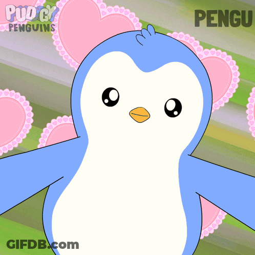 A Blue And White Penguin With The Name Pengu On The Bottom Right GIF
