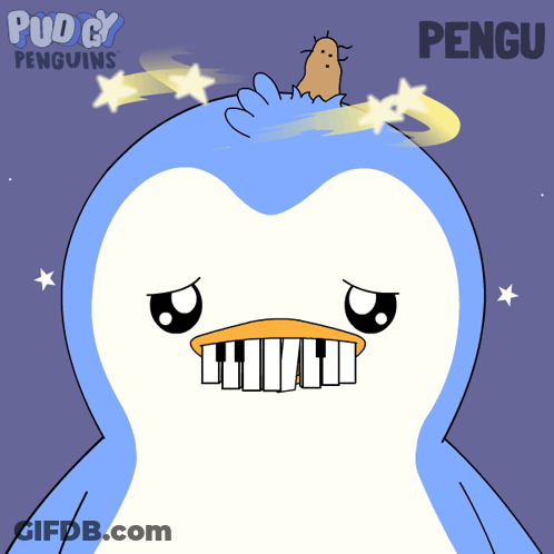 A Blue And White Penguin With The Name Pengu On The Bottom Right GIF