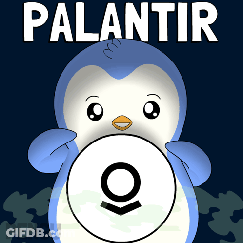A Blue And White Penguin With The Word Palantir Written Above It GIF