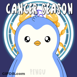 A Blue And White Penguin With The Words Cancer Season Behind It GIF