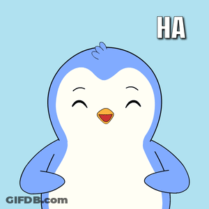 A Blue And White Penguin With The Words Ha Ha Ha Written Above It GIF