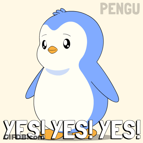 A Blue And White Penguin With The Words Yes Yes Yes On The Bottom GIF