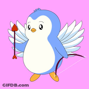 A Blue And White Penguin With Wings Is Holding A Red Heart Shaped Arrow GIF